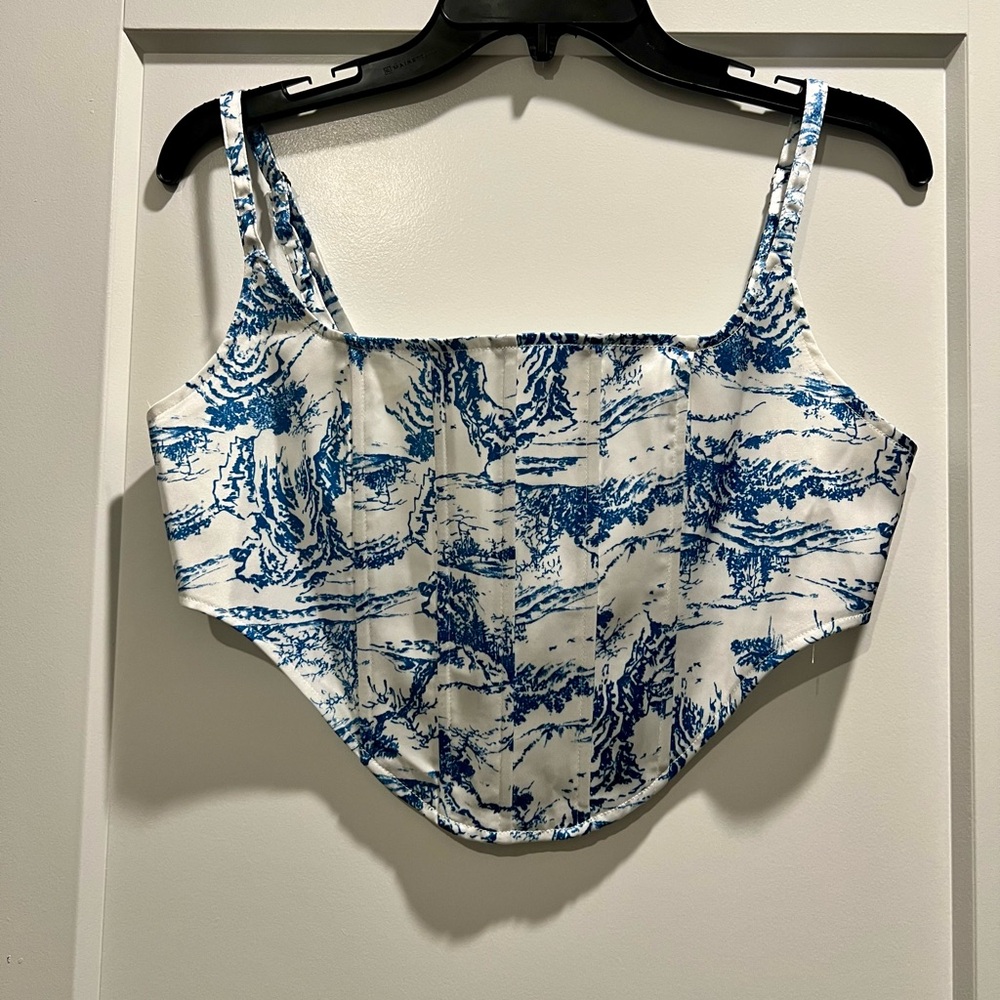 Princess Polly Lioness Blue and White Satin Corset Crop Top Size Small